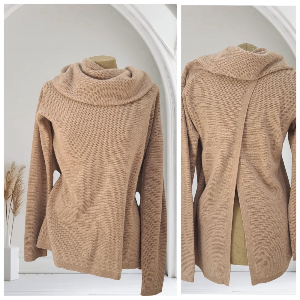 Saks Fifth Avenue 100% Cashmere Cowl Neck Wrap Open Back Sweater Tan Camel Large